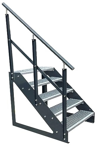 Kaminbau Mierzwa Premium Treppe Freistehend 5 Stufen(Verzinkt) Geländer Links (Breite 800 mm) (Höhe 95cm) (Wangen: Anthrazit) (Stufen: Anthrazit)