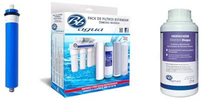 Membrana 50 GPD + Pack 4 Filtros ósmosis + Higienizador. Pack compuesto por 1 de Sedimentos, 1 de Carbón GAC, 1 de Carbón Block y 1 Post Filtro de Coco. Bbagua.