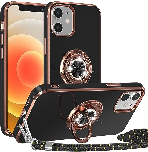 Giolus Handykette HandyHülle Kompatibel mit iPhone 12/12 Pro Hülle mit Band Ring Ständer, Weiche Silikon Stoßfest Schutzhülle Kordel zum Umhängen Abnehmbar Handyhülle für Frauen Madchen Schwarz