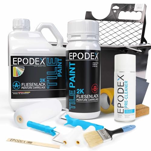 EPODEX 2K Fliesenfarbe mit Zubehör für Badezimmer, Küche & mehr, Hochwertige Farbe für Wand- und Bodenfliesen, Wasserfester Fliesenlack weiß, grau, beige & mehr - 1.8kg (7m² für 2 Anstriche)