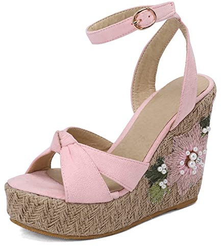 Gicoiz Espadrille Zeppas Donna Classico Plateau Embroiderosso Sandali Comodo Casuale Punta Aperta con Cinturino Alla Caviglia Alla Schiava Strappy Scarpe Rosa Numero 42 EU-44Cn