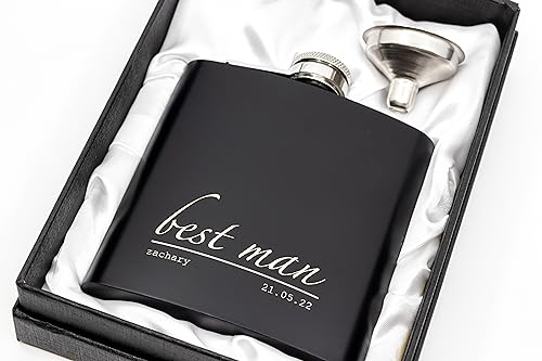 Engraved Hip Flask Gift Set, 6oz, Black/Silver, Personalized Design Options, Funnel Included (Minimalist, 6oz Black)