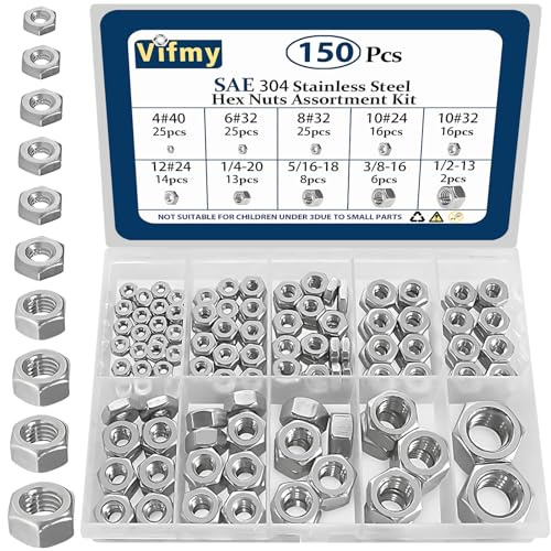 Vifmy 150-teiliges SAE-Sechskantmuttern-Sortiment (4#40, 6#32, 8#32, 10#24, 10#32, 12#24, 1/4-20, 5/16-18, 3/8-16, 1/2-13), Edelstahl 304