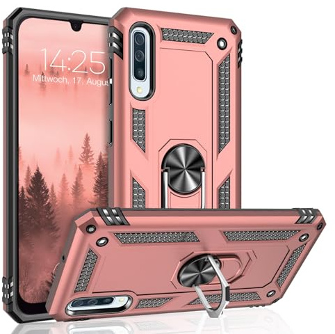 LBH Outdoor Hülle für Samsung Galaxy A50 Armor Militär Stoßfest Handyhülle 360 Grad Metal Ring Halter Ständer Schutzhülle für Handyhalterung Auto Magnet Rosegold