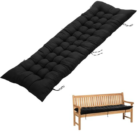 DKIEI 3 Seater Garden Bench Cushion with Non-Slip Straps - 8cm Thick Comfortable Rectangle Seat Pad for Indoor Outdoor Dining - 160x50cm Black (Only Cushion)