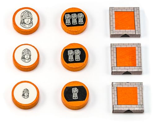 Waldfelsen® Hozfiguren: 6 Ritter und 3 Stadtmauern inkl. Aufkleber geeignet für Die Siedler (Farbe: Orange)