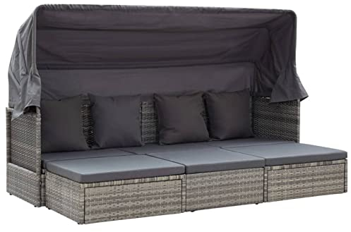Chaduof Gartenbett mit Dach, Liegen, Sonnenliege, Liegeinsel Outdoor, Outdoor Bett, Doppelliege, Gartenliege, Daybed Outdoor, Grautöne Poly-Rattan