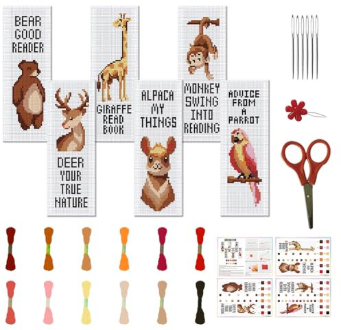 FREEBLOSS 6 Set Kreuzstich Lesezeichen, Gestempeltes Kreuzstich Set Mit Cartoon Tiermustern, Stickset Mit Anleitung, Lesezeichen Sticken Kreuzstich Für Geschenk Erwachsene 6x20cm
