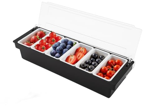 HauTour Contenedor de ingredientes ABS con tapa, recipiente para especias y ingredientes, 6 compartimentos de 200 ml, para limones, frutas, aceitunas y cócteles, pizza