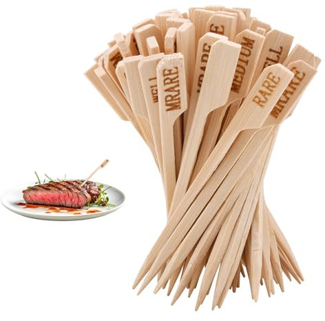 500 Stück Steak-Temperaturstäbchen, Fleischspieße, Holzspieße, Steakmarker, Holz, flache Spieße, Cocktail-Zahnstocher, Steakzubehör für Grillen, Obst, Grillen, Braten, Party, Cocktail
