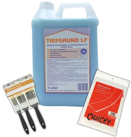 IT`SYOUR+ Tiefgrund-Bundle-Set: Burtex Tiefgrund Basic Grundierung LF 5l, 3er-Maler-Pinsel-Set & Abdeckplane - Lösungsmittelfrei & Geruchsneutral - Perfekte Vorbehandlung für Innen & Außen (5 Liter)