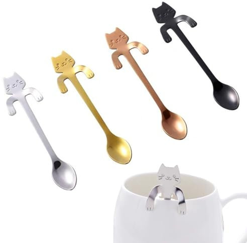 SULIUDAJI 4 piezas cuchara de té de gato cucharas de café colgantes de acero inoxidable cuchara de café de gato de acero inoxidable cucharas de azúcar cuchara de postre