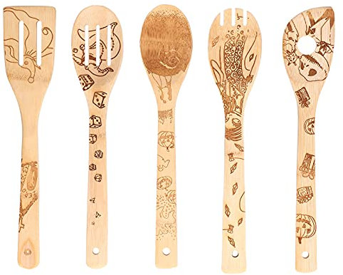 Sunicon Ustensiles de Cuisine Bois, cuillère à fente personnalisée avec graffitis Set de Cuillères Spatules en Bois Résistantes à la Chaleur Durable et ergonomique résistante aux rayures, antiadhésive