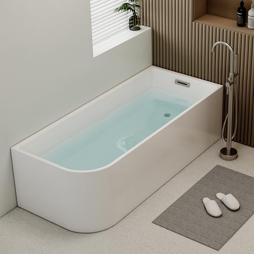CBDOIT 59 x 29 Corner Bathtub Right Drain, Freestanding Bathtub, Acrylic Contemporary Soaking Tub for Bathroom Bathtub with Overflow & Pop-up Drain