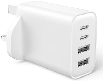 4-Port Fast Charger Plug, 40W USB C Plug, Dual Port PD Power Adapter +QC Multi Mains Wall Charger, 40W USB Plug Type C Charging Plug