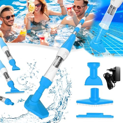 Aspirador Piscina, 3 En 1 Inalámbrico con Batería Aspirador Mano Piscina Aspirador Suelo Recargable Limpiador Piscina con Varilla Telescópica 104,5-165cm 6W 1600Mah Piscinas Pequeñas Spas (Azul)