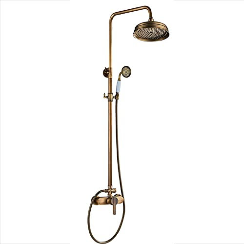 FLUXGOONE Duschsystem Vintage Luxus-Duscharmatur-Set aus Messing Wandmontiertes Duschmischbatterie-Set mit 20 cm Kopfbrause und Handbrause Freiliegende Duschsäule Einfache Installation,E5