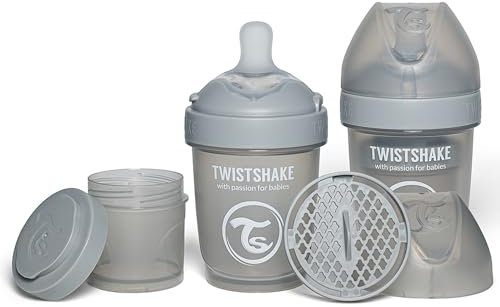 Twistshake 2x Pro Double Biberon Anti-Coliques avec Récipient à Lait en Poudre - 180 ml | Mamelon en Silicone à Débit Lent | Biberon de Lait pour Bébé sans BPA | Convient aux Nouveau-Nés (0+) | Gris
