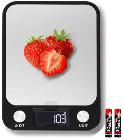 Muaket 1g/10kg digitale Küchenwaage, 17,5x15cm große Plattform elektronische Lebensmittelwaage mit 7 Einheiten und Tara-Funktion, Kitchen Scale mit Touch-Taste und Batterien für Pulver, Obst, Gemüse