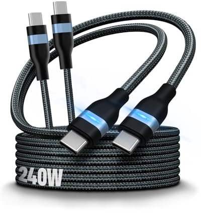 240W Type C Charging Cable, 2-Pack USB C to USB C 5A Fast Charge Cable with Blue Indicator Light for iPhone 16 15 Pro Max, iPad Air/Pro Samsung Galaxy S24/S23/S22 Ultra Pixel 8 Switch XPS (1M)