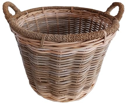 Cesto Intrecciato Porta Vaso per Piante da Giardino in Vimini Giunco con bordo in Corda. Rattan Naturale Ecosostenibile - Ideale per Interno ed Esterno CM 55X43