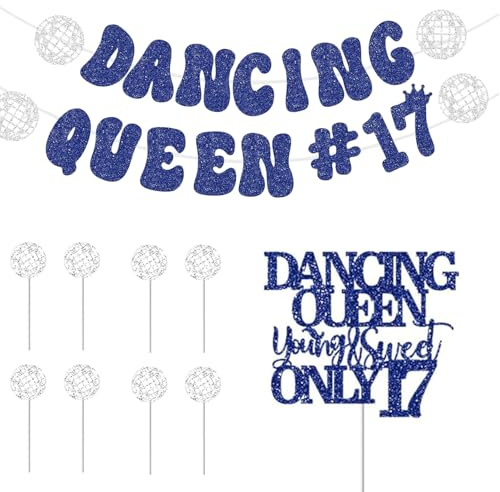Dancing Queen 17th Birthday Banner, Cake Topper, and Cupcake Toppers Set - Perfect for 17th Birthday Party Decorations