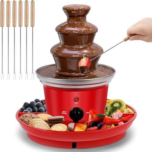 WuDLi Chocolate Fountain - 3 Tier Cascading Fondue Set, Electric Melting Pot Base for Milk, White, Dark Chocolate, Party Dip & Share, Includes 2 Food Trays & 6 forks