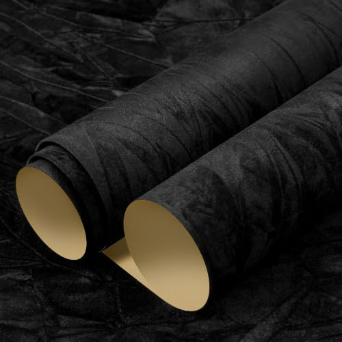 LACHEERY Schwarz Selbstklebende Tapete Samtstoff Wand Tapeten Wohnzimmer 40cm x 200cm Effekt Samt Tapete Selbstklebend Vintage Strukturtapete Folie für Möbel Schmuckkästchen Schlafzimmer