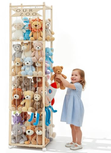 Wooden Soft Toy Storage with Swivel Wheels 4-Tier Toy Organiser for Nursery | Stuffed Animal Storage Organizer, Durable Elastic Band, Holds 70+ Plush Toys, Secure Threaded Connection, Sturdy Construction