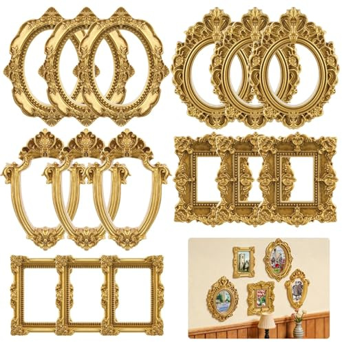 Prospura 15 Stück Mini Vintage Bilderrahmen Set,Golden Bilderrahmen Barock,Miniatur Fotorahmen aus Kunstharz, zum Basteln Und Dekorieren von Puppenhäusern,DIY Wandschmuck,Fotografie Dekoration