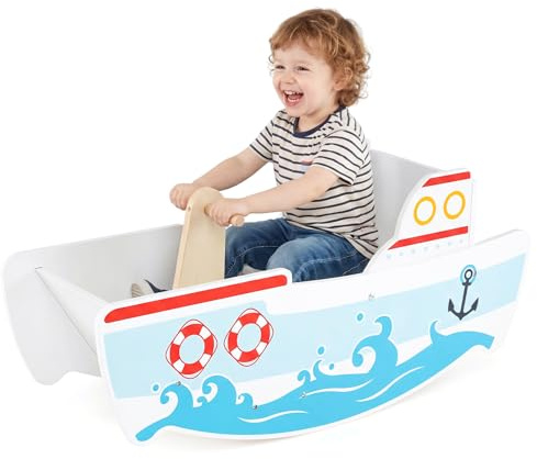 COSTWAY Schaukelboot Kinder ab 1 Jahr, Holz-Schaukelpferd mit nautischem Design, Birkenholz-Griffe, breiter Sitz & Rückenlehne, 40° Schaukelbereich, Schaukelwippe, belastbar bis zu 50 kg