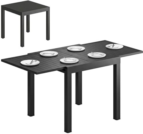 Outsunny Gartentisch Ausziehbar für 4-6 Personen 80/160 x 80 cm Schwarz | Aluminium Esstisch, Rechteckiger Balkontisch mit Lamellenplatte, Wetterfest, für Garten Balkon Terrasse
