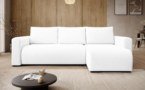 storez24 Ecksofa Tally, Eckcouch in L-Form mit Schlaffunktion und Bettkasten, Farbe: Weiß, Bouclé-Stoff, Ottomane Rechts