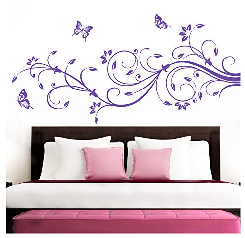 Grandora Wandtattoo XXL Blumenranken Schmetterlinge Blumen I Lavendel (BxH) 160 x 69 cm I Schlafzimmer Liebe Flur Wohnzimmer modern Aufkleber Wandaufkleber W1073