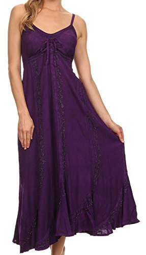Sakkas 152105 - Stonewashed réglable Robe Allie brodé Bretelles Spaghetti Longue - Violet - L/XL