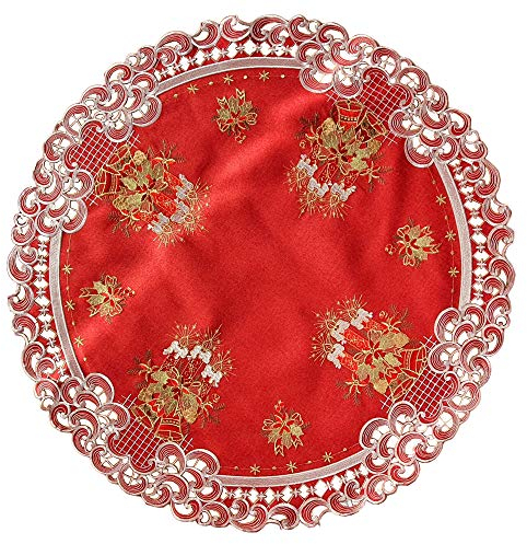 HanaQi Weihnachten Tischläufer Tischdecke Dunkelrot Leinenoptik Rot Kerzen Stickerei (ca. 85 cm Rund)
