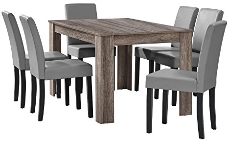 [en.casa] Esstisch Eiche antik mit 6 Stühlen hellgrau Kunstleder gepolstert 140x90 Essgruppe Esszimmer