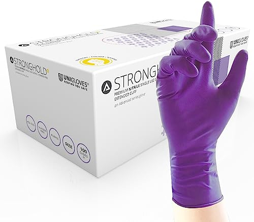 UNIGLOVES Advanced Stronghold+ Guanti Monouso in Nitrile - Guanti Monouso Resistenti, Multiuso, Senza Polvere e Lattice con Polsino esteso - confezione da 100 Guanti, Viola, Small (GM0072)