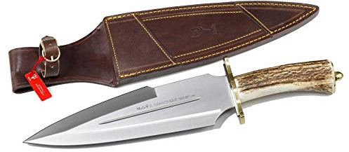 Muela Cuchillo Gran Duque DUQUE-25A hoja de acero MoVa de 26 cm y empuñadura de asta de ciervo para Caza, Pesca, Supervivencia y Bushcraft Realizado en Ciudad Real + Portabotellas de regalo