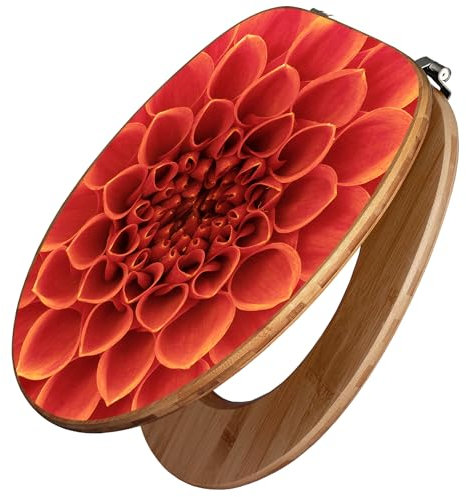 banjado Design WC Sitz Bambus 45x37,5cm / Toilettendeckel Holz/hochwertiger Toilettensitz/Bambus-Toilettendeckel für alle gängigen Toiletten - Orange Chrysantheme