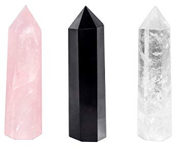 rockcloud Pack of 3 Healing Crystal Wands Point 6 Faceted Prism Bar Reiki Chakra Stones for Meditation Therapy Decor 2 inches, Rose Quartz + Black Obsidian + Rock Crystal