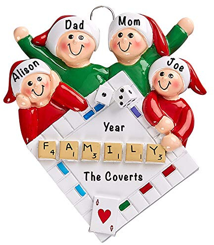 Holiday Traditions Game Night Family of 4 personalisierbare Ornamente – Einzigartiger Weihnachtsbaumschmuck – besonderes Andenken – individuelle Familiendekoration – Personalisierung enthalten