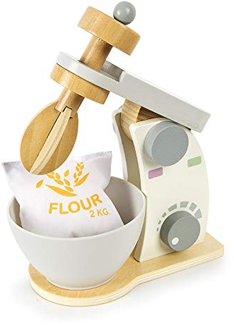Leomark Rührgerät aus Holz mit Zubehör - grau - Mixer mit beweglichem Oberteil, Spielzeug für Kinder, Kinderrollenspiele