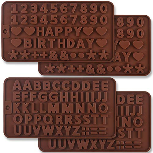 Newk Moldes de silicona de chocolate con letras y números, 4 paquetes de moldes de silicona para decoración de tartas de cumpleaños símbolos