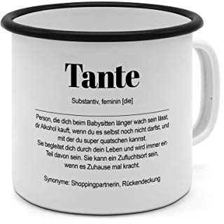 Emaille-Tasse mit Definition Tante - Tasse mit Spruch, Wörterbuchtasse, Geschenktasse, witzig, Kaffeebecher, Becher, Tasse, Becher - Farbe Weiß/Schwarz