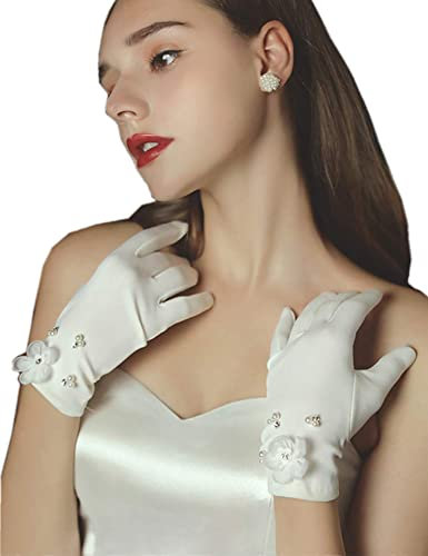 Hoseirty Damen Kurze Satin Handschuhe Hochzeit Handschuhe für Braut Handgelenk Länge Opera Party Dehnbare Handschuhe, Ivory 07, Handgelenk Länge