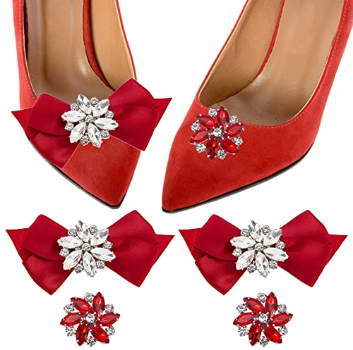 nbeads 2 Paar Strass Schleife Schuhclips, 2 Styles Blume Schuhclip Abnehmbare Schuhclips Bogen Strass Schuhschmuck Für Schuhschmuck Schnalle Zubehör Hochzeit, Dunkelrot