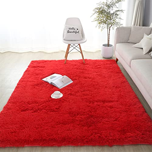 SUBEEN Teppich Wohnzimmer Shaggy Teppich Hochflor Teppich Langflor Teppich Kinderzimmer Modern Batik Teppich Jugendzimmer Flauschig Teppich (rot, 120x160cm)