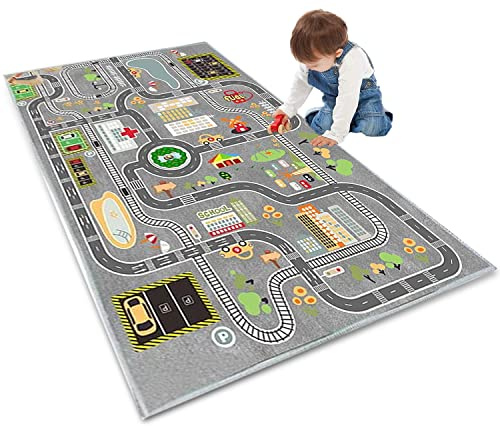 Car Rug Play Mat Road Rug,Kids Carpet Playmat Rugs City Life Great for Playing with Cars and Toys,Children Educational Race Track Rugs with Non-Slip Rubber Backing for Playroom Bedroom Classroom