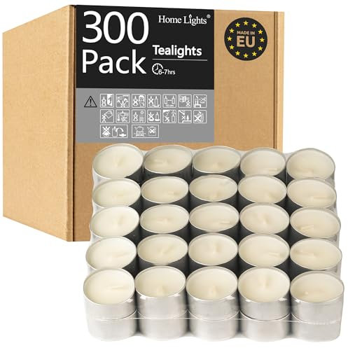 HomeLights Duftlose weiße Teelichter, 6 bis 7 Stunden Brenndauer, rauchfreie Teelichter, Mini-Votiv-Paraffin-Kerzen mit Baumwolldochten für Shabbat, Hochzeiten, Weihnachten, Wohnkultur, 300 Packungen